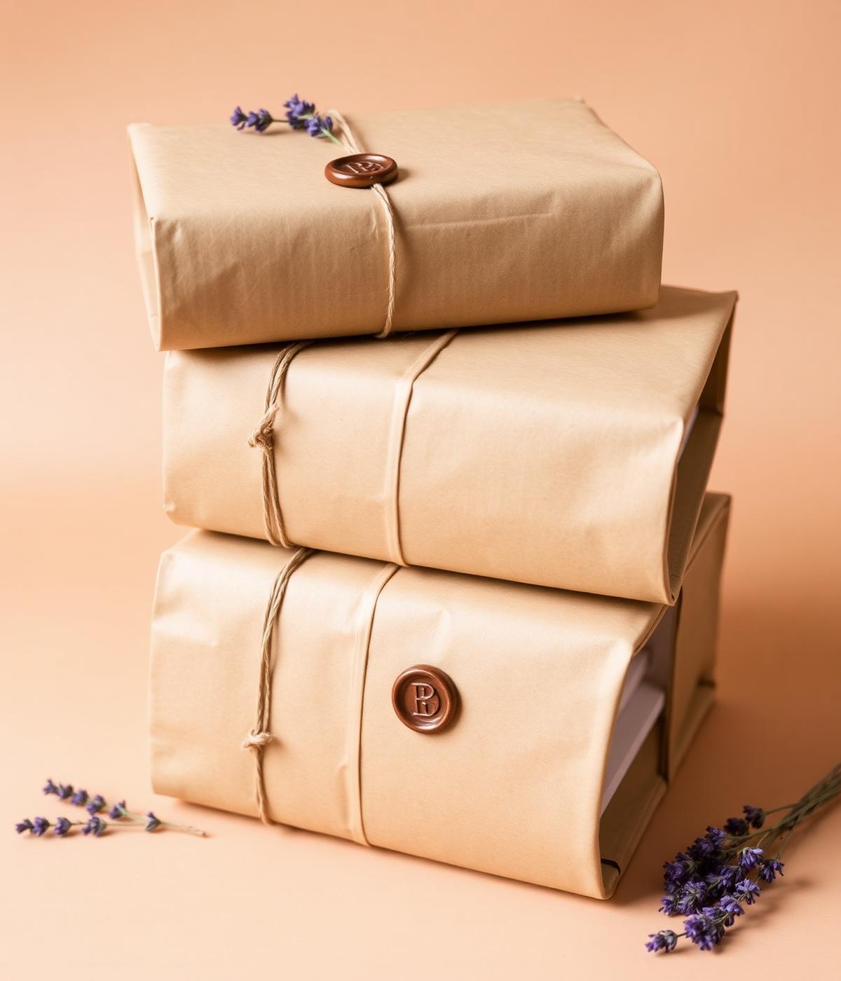 Boxes Entrelaço embrulhadas em papel kraft com selo de cera e ramos de lavanda